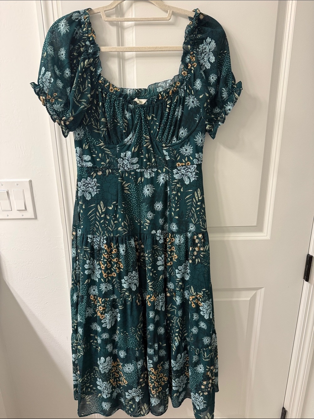 Teal Floral Puff-Sleeve Midi Dress